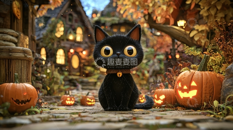 高清大图下载【趣麦麦图】万圣节黑猫与南瓜灯