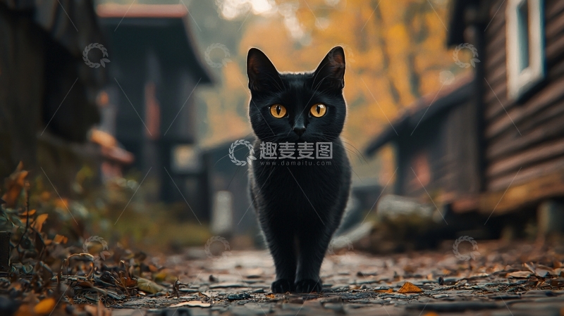 高清大图下载【趣麦麦图】黑猫秋天小径