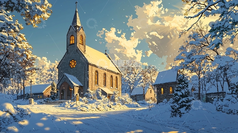 高清大图下载【趣麦麦图】圣诞村雪地教堂场景