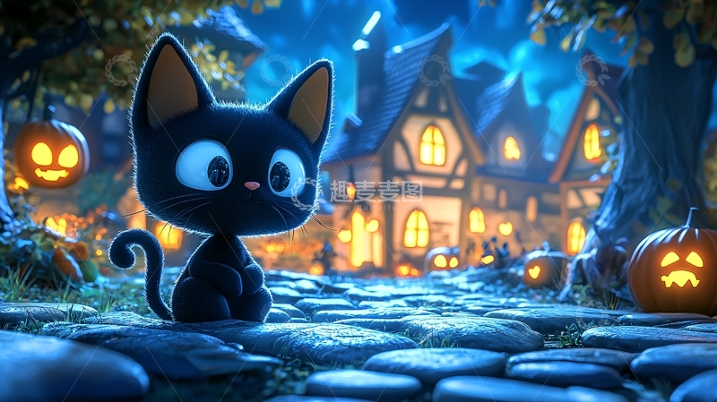高清大图下载【趣麦麦图】万圣节夜景中的黑猫