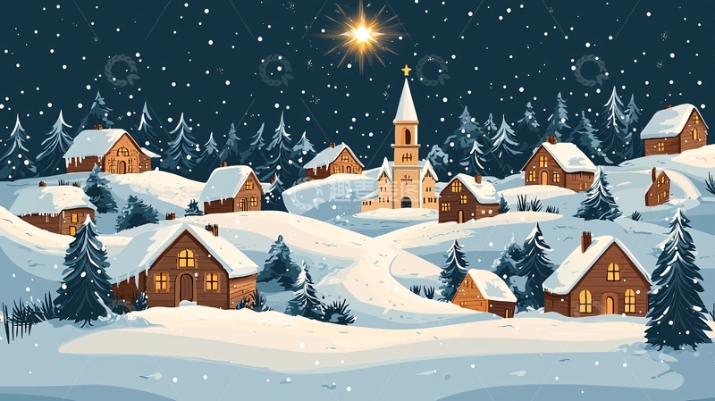 高清大图下载【趣麦麦图】圣诞星光与静夜村庄