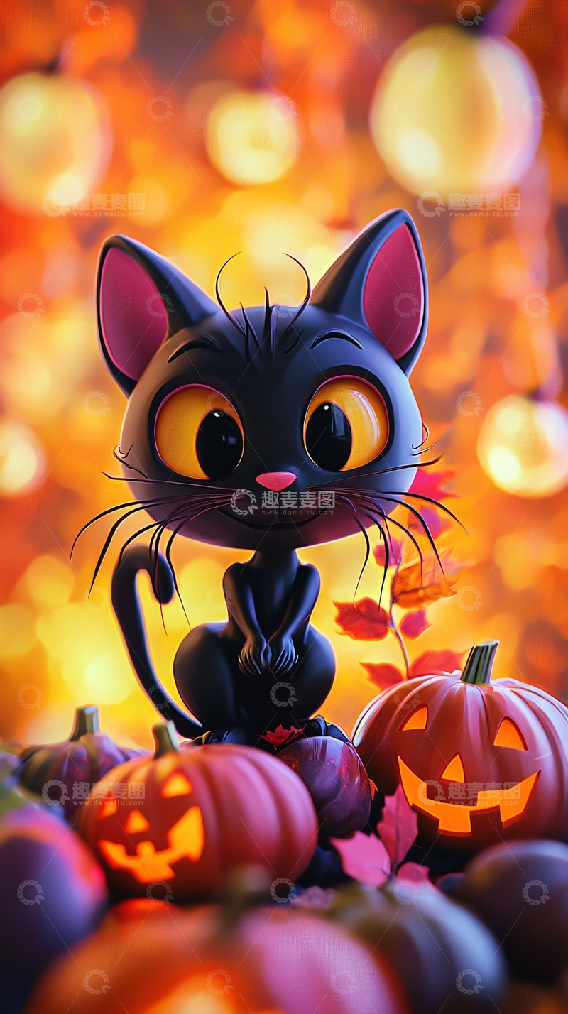 高清大图下载【趣麦麦图】万圣节黑猫与南瓜灯