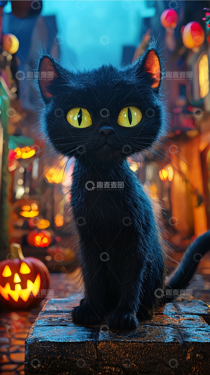高清大图下载【趣麦麦图】万圣节黑猫夜景