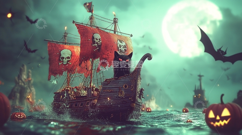 高清大图下载【趣麦麦图】万圣节海盗船与黑猫