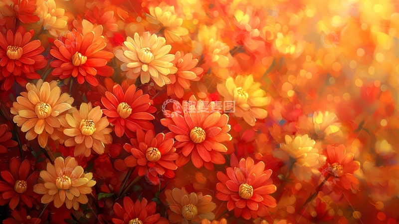 高清大图下载【趣麦麦图】油画风格的秋日红枫与菊花