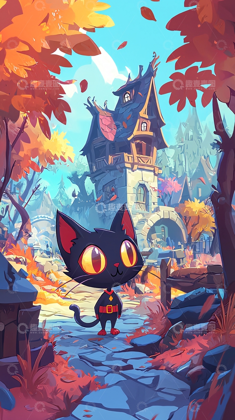 高清大图下载【趣麦麦图】黑猫与古老塔楼的秋日冒险