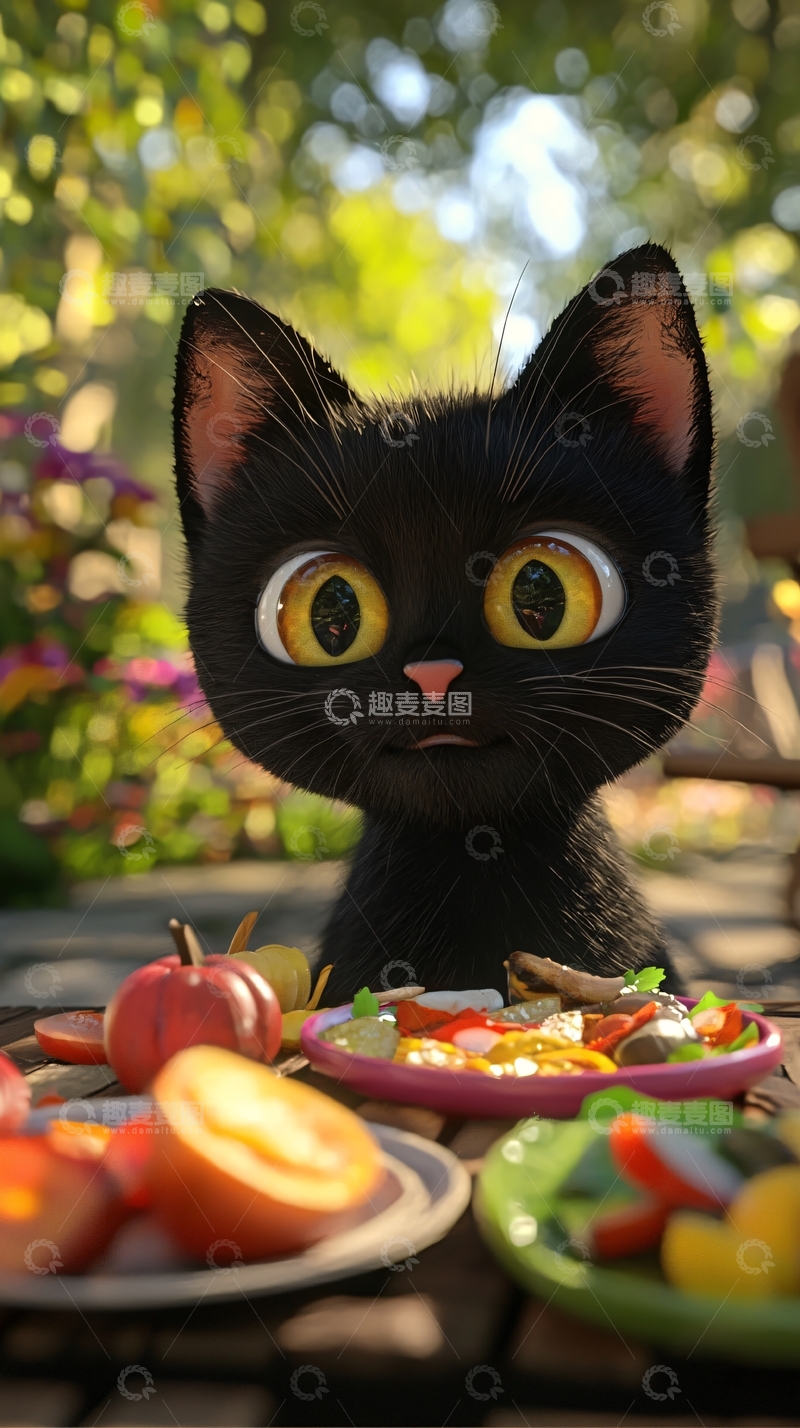 高清大图下载【趣麦麦图】黑猫与新鲜水果蔬菜