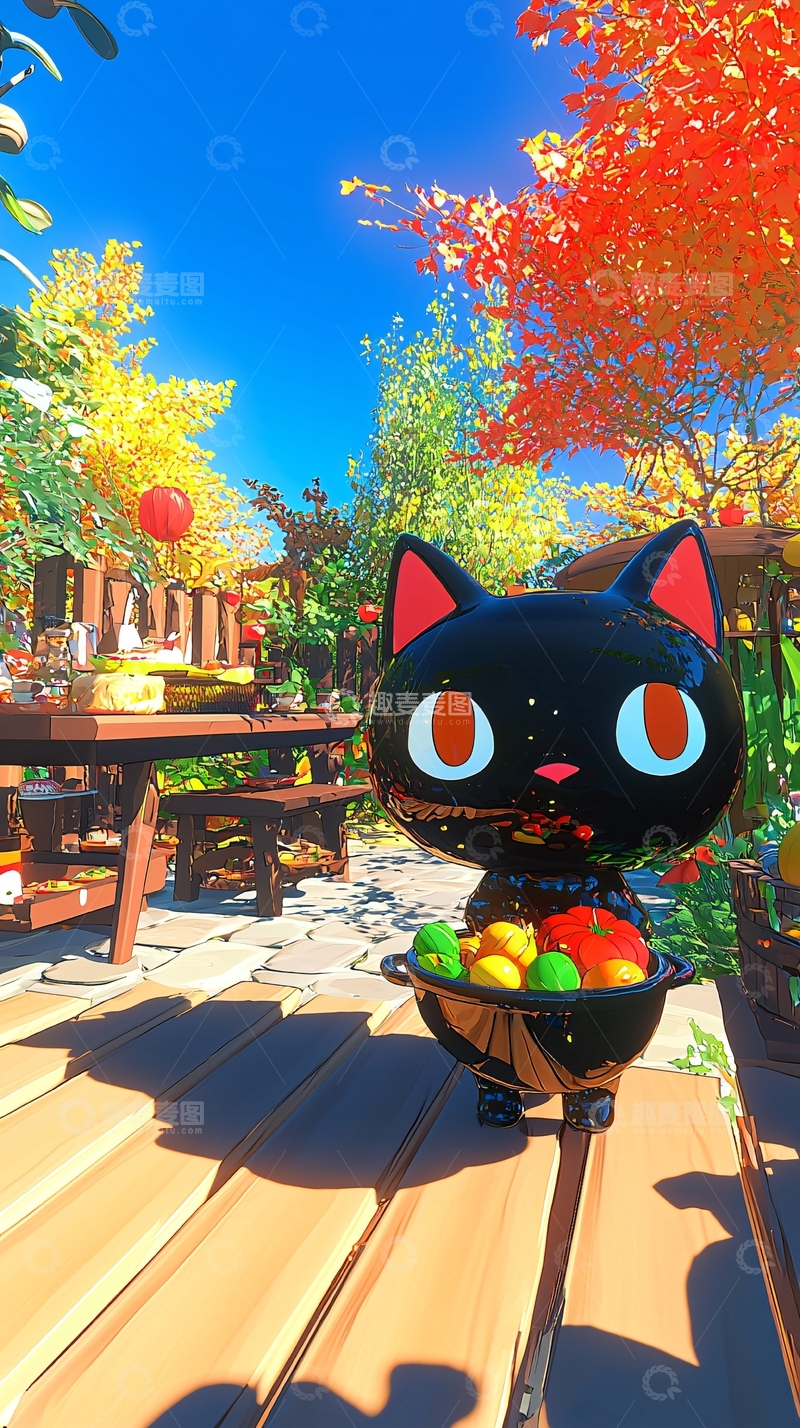 高清大图下载【趣麦麦图】秋日花园中的猫咪烧烤场景