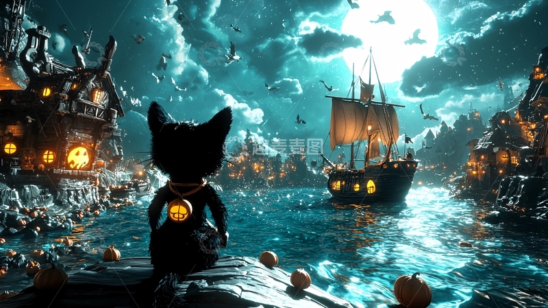 高清大图下载【趣麦麦图】万圣节夜景下的黑猫与帆船