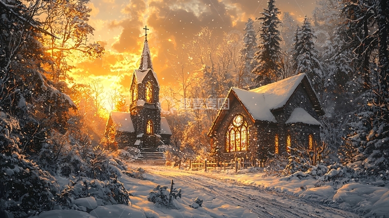 高清大图下载【趣麦麦图】圣诞村雪地教堂场景