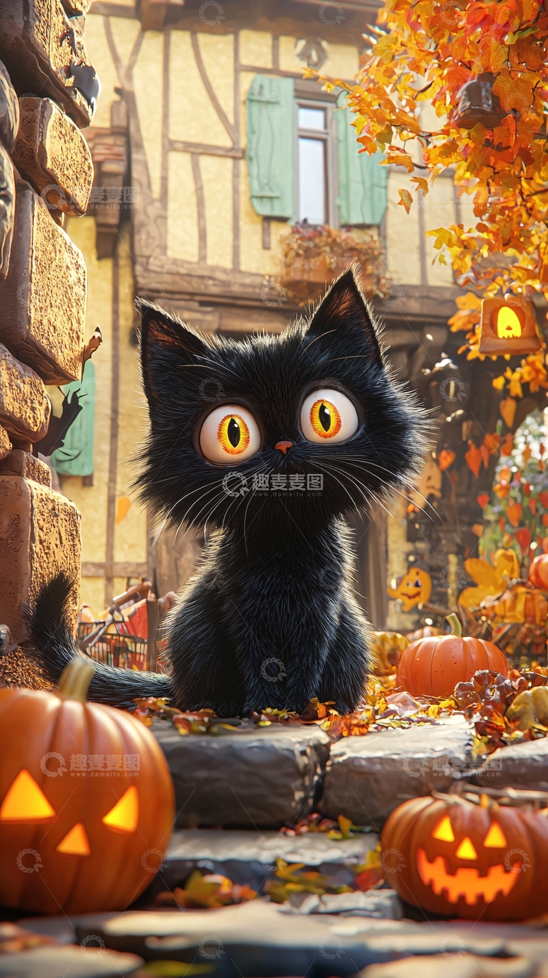 高清大图下载【趣麦麦图】万圣节黑猫与南瓜灯