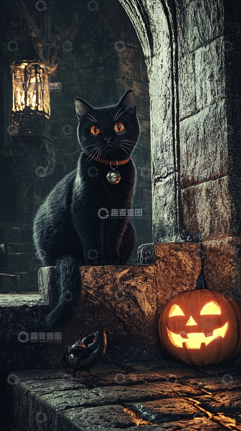 高清大图下载【趣麦麦图】万圣节黑猫与南瓜灯