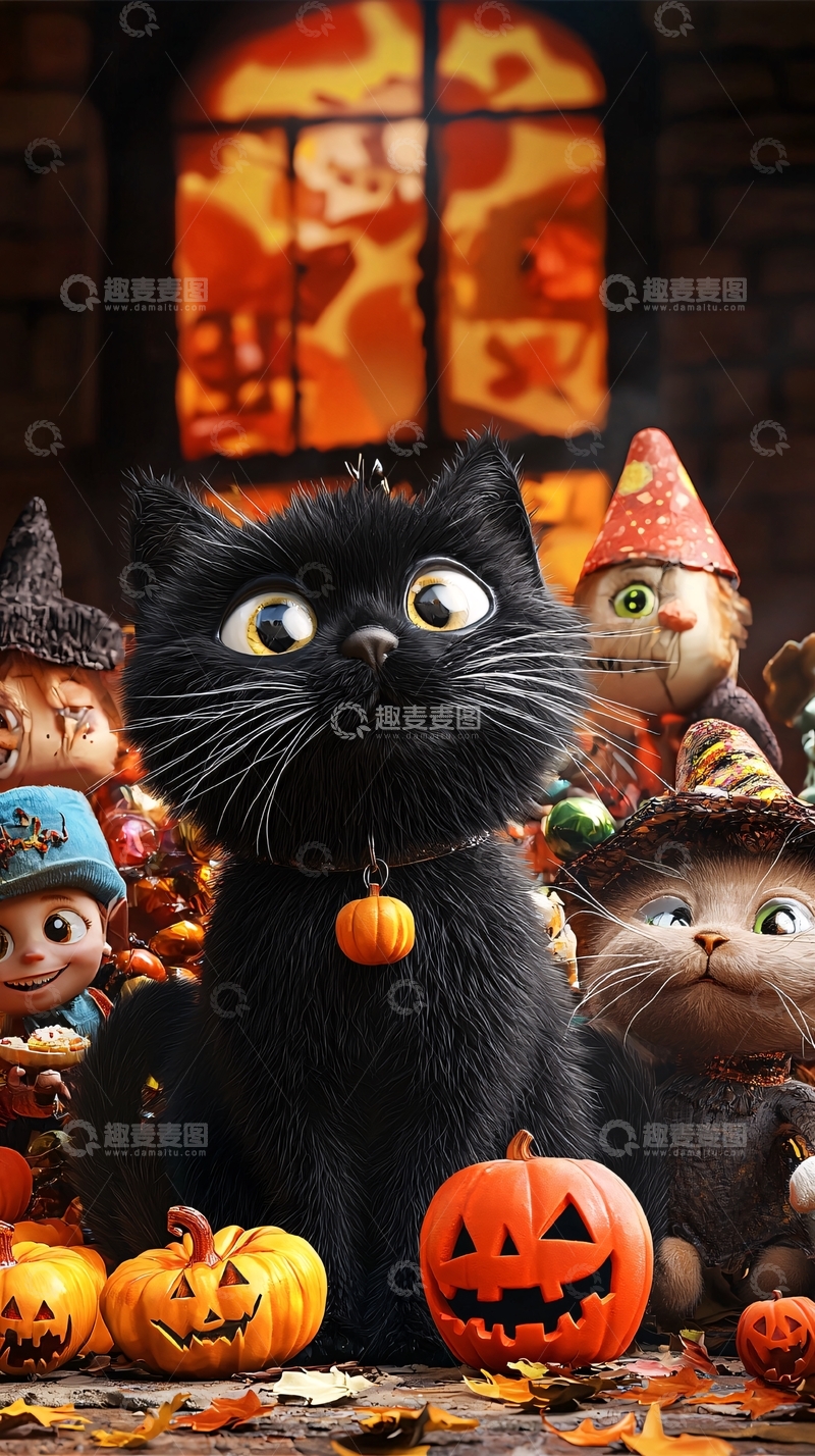 高清大图下载【趣麦麦图】万圣节黑猫与南瓜灯
