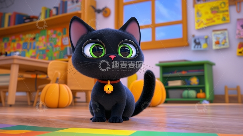 高清大图下载【趣麦麦图】黑猫万圣节教室场景