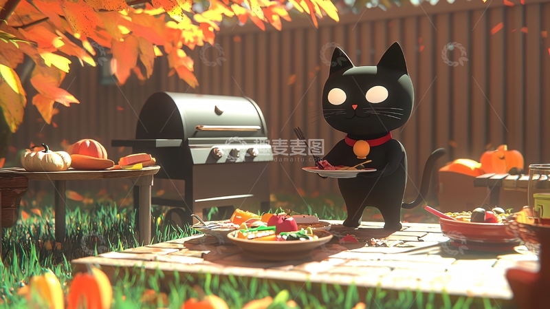 高清大图下载【趣麦麦图】秋日户外烧烤与猫咪