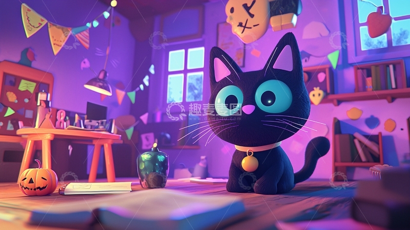 高清大图下载【趣麦麦图】万圣节主题黑猫房间场景