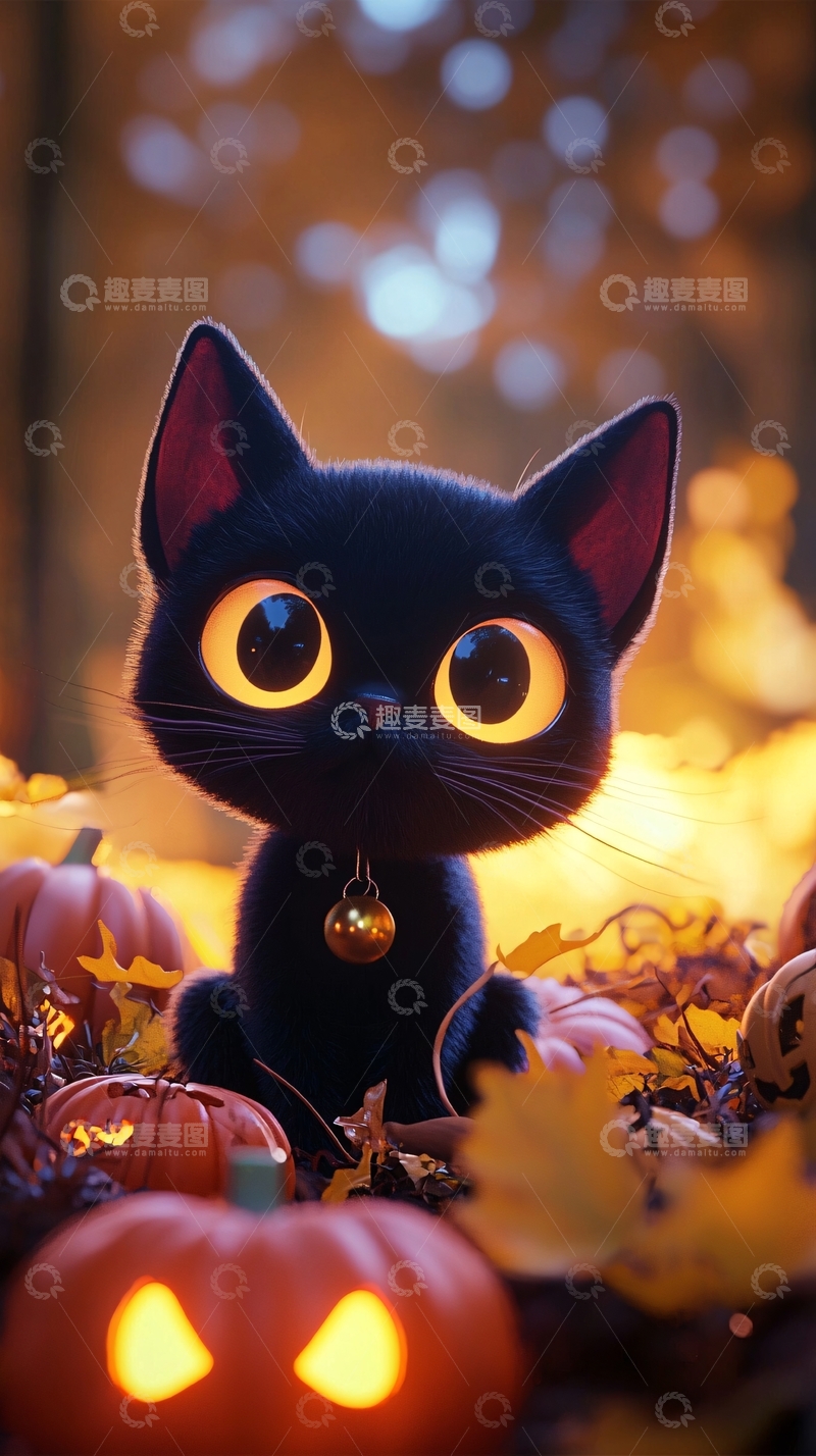 高清大图下载【趣麦麦图】万圣节黑猫与南瓜灯