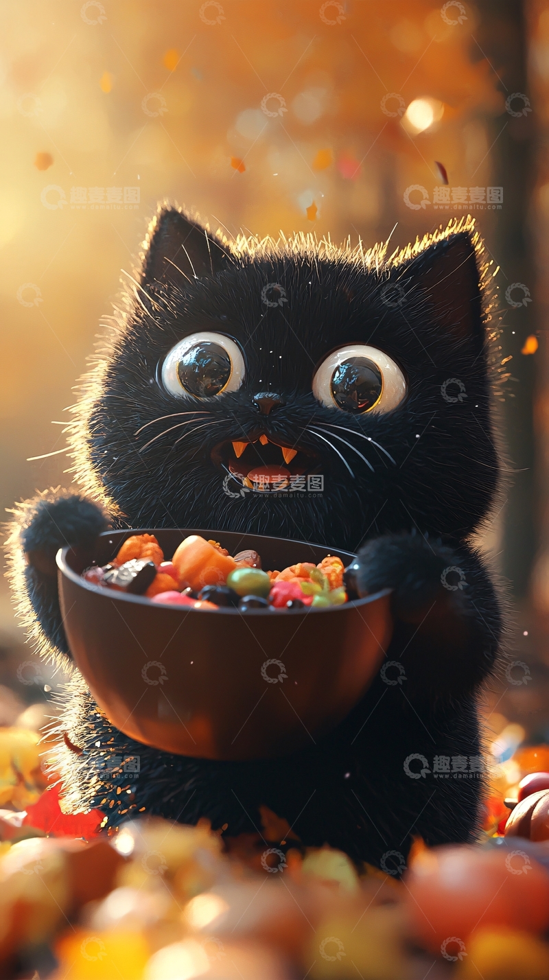 高清大图下载【趣麦麦图】黑猫与万圣节糖果