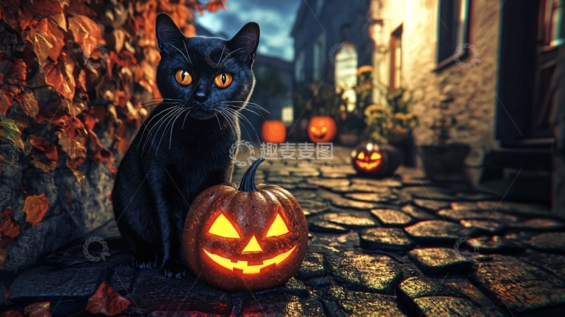 高清大图下载【趣麦麦图】万圣节黑猫与南瓜灯