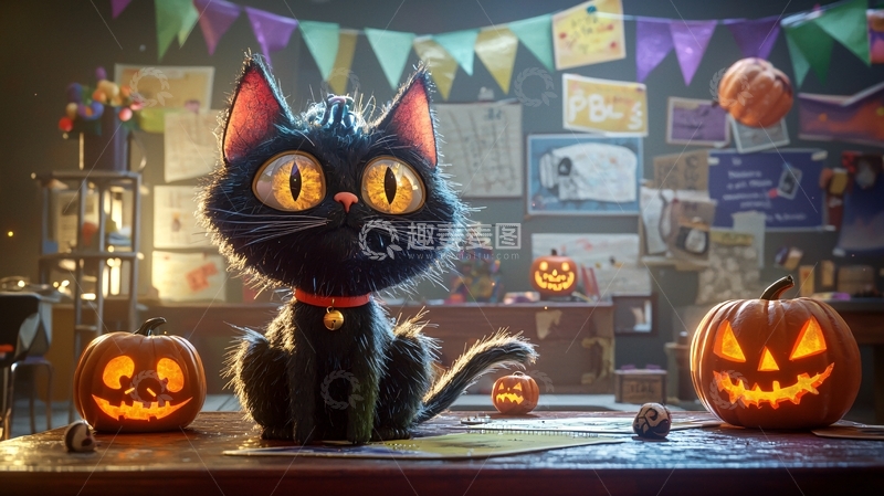 高清大图下载【趣麦麦图】万圣节黑猫与南瓜灯