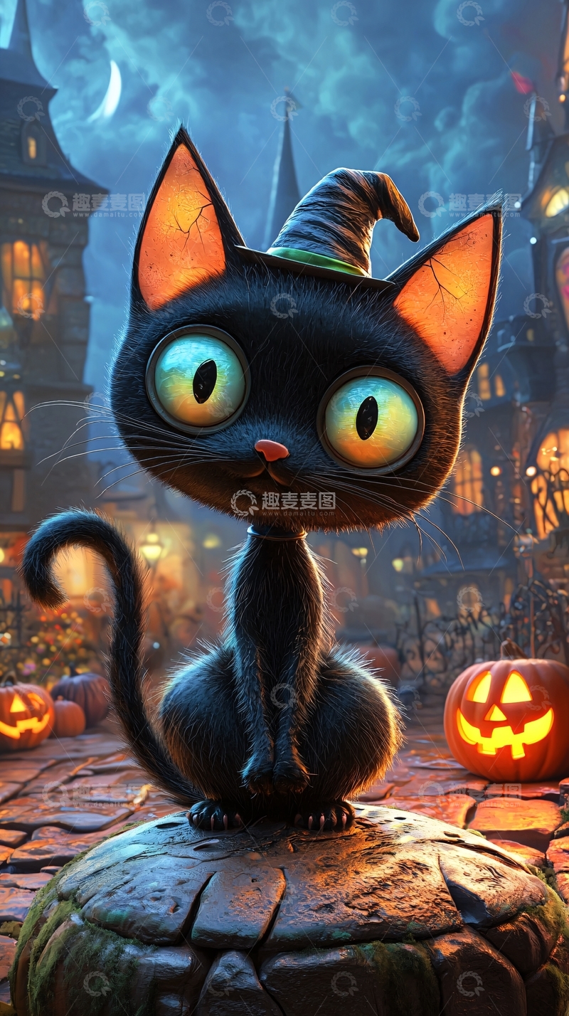 高清大图下载【趣麦麦图】万圣节黑猫南瓜灯夜景