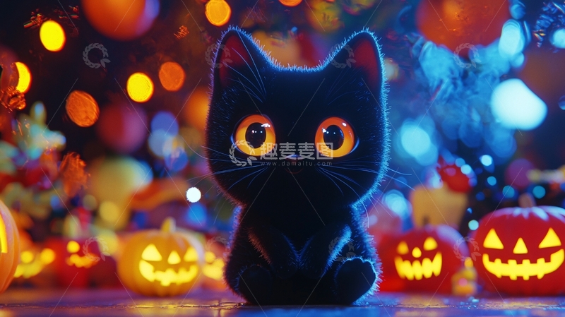 高清大图下载【趣麦麦图】万圣节黑猫南瓜灯背景