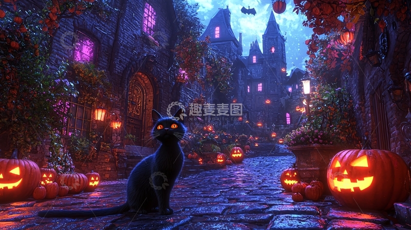 高清大图下载【趣麦麦图】万圣节黑猫与南瓜灯街道