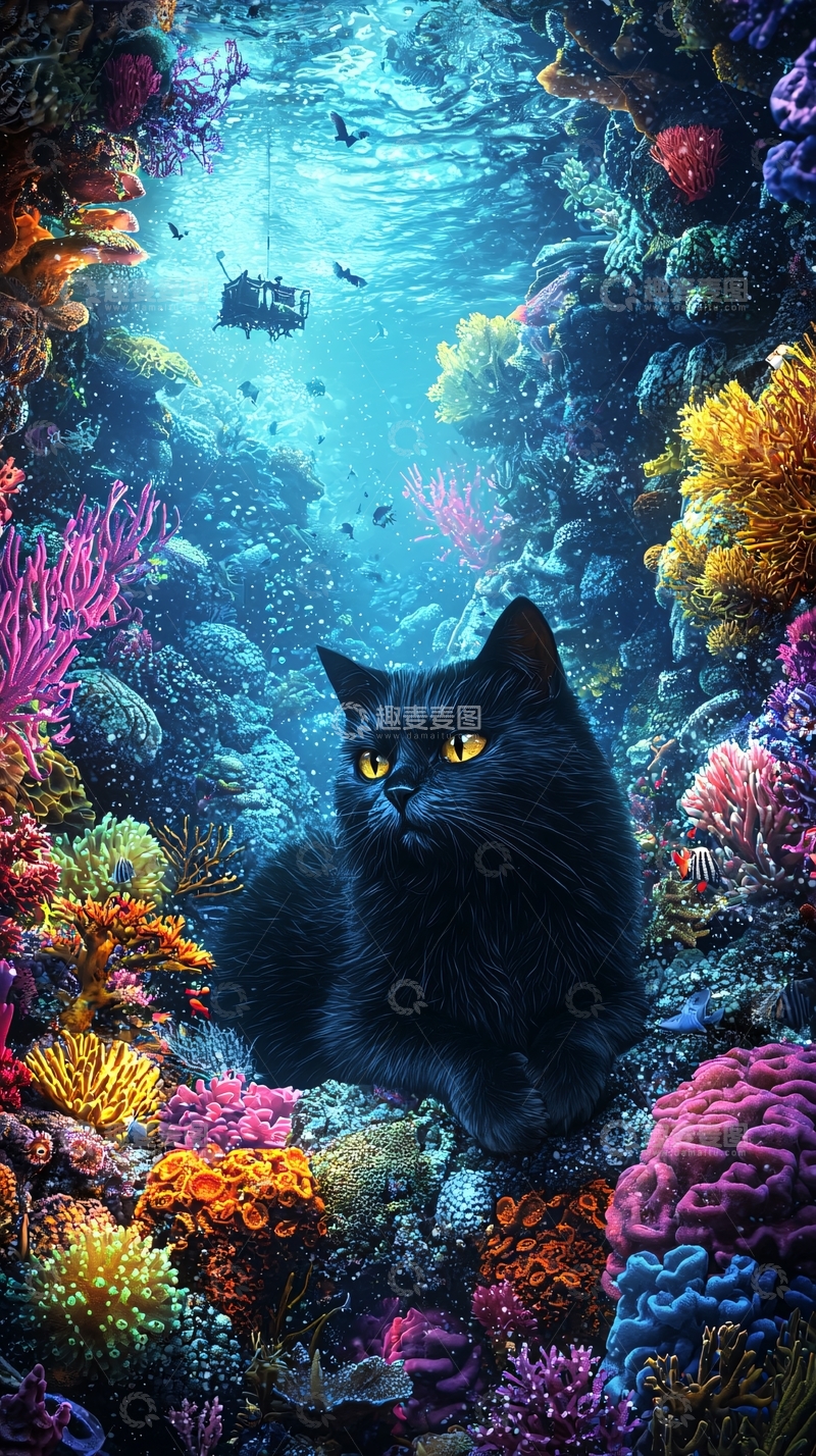 高清大图下载【趣麦麦图】海底黑猫探险奇遇记