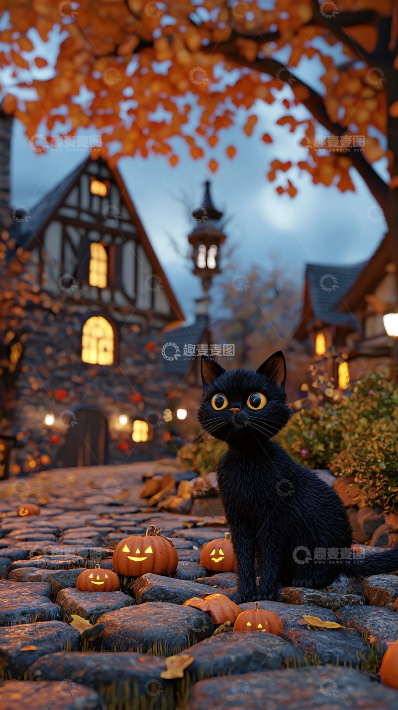高清大图下载【趣麦麦图】万圣节黑猫与南瓜灯