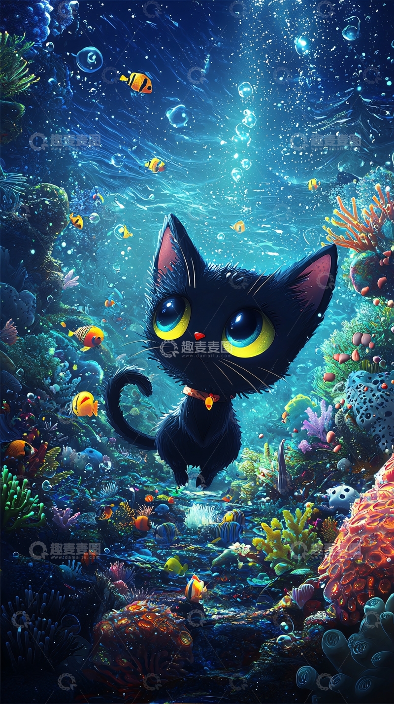 高清大图下载【趣麦麦图】海底黑猫探险
