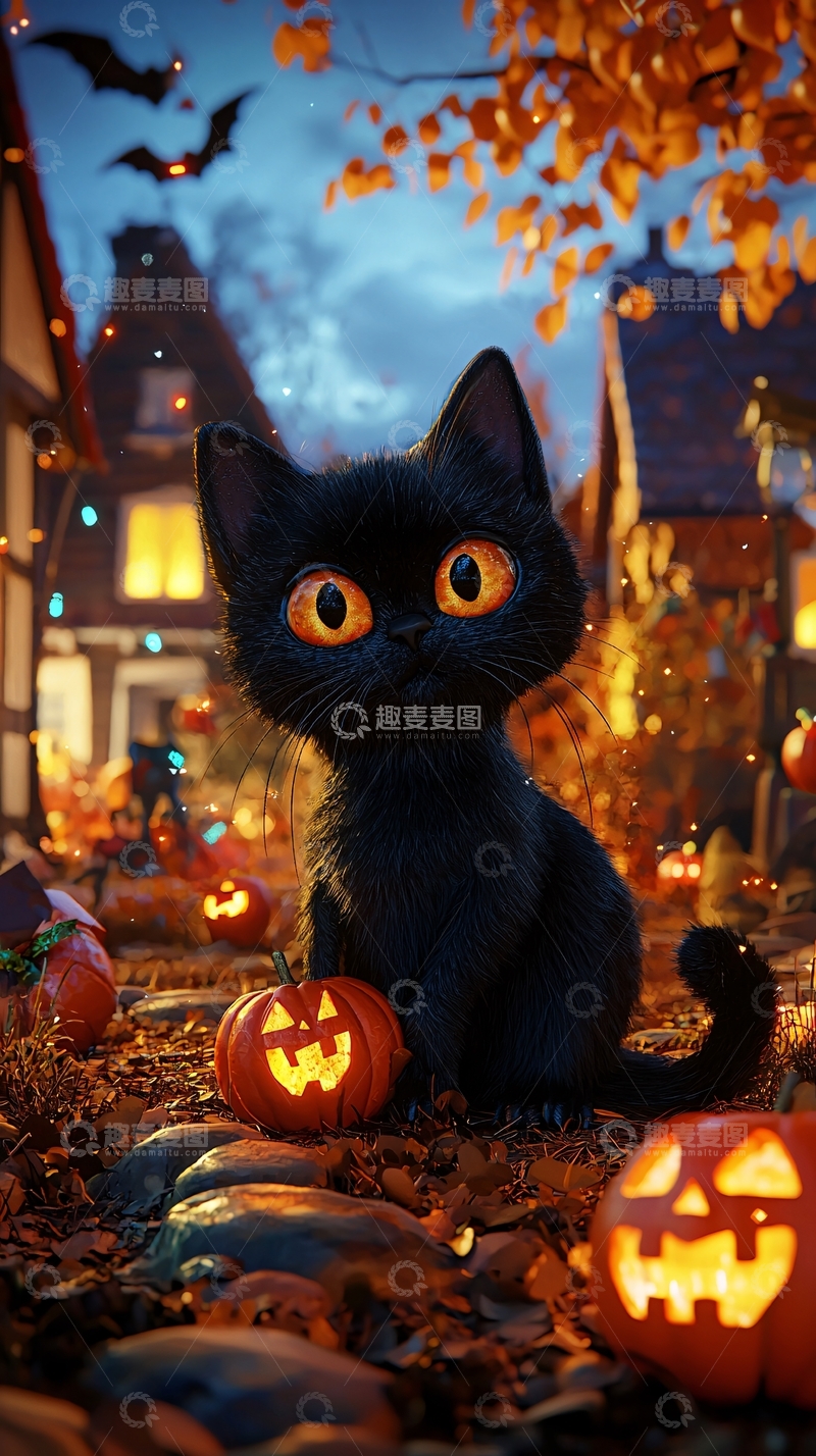 高清大图下载【趣麦麦图】万圣节黑猫与南瓜灯