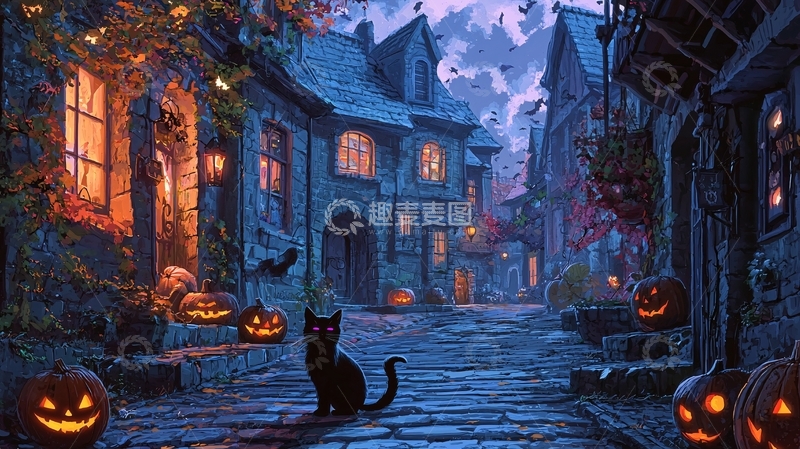 高清大图下载【趣麦麦图】万圣节夜晚的石镇街道
