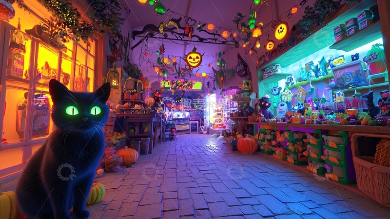 高清大图下载【趣麦麦图】万圣节主题商店里的黑猫