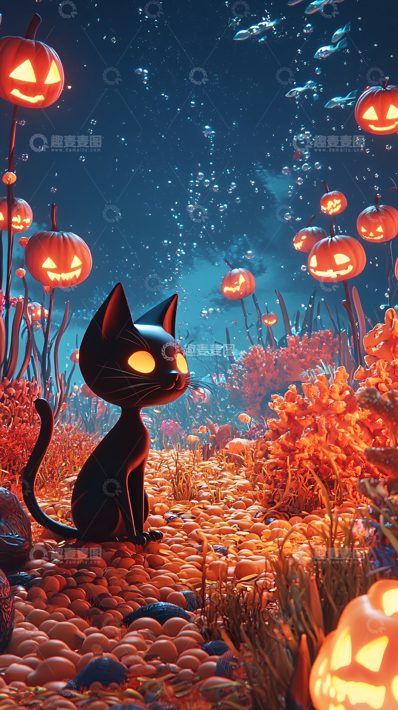高清大图下载【趣麦麦图】万圣节海底南瓜猫