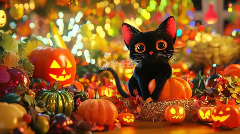 高清大图下载【趣麦麦图】万圣节黑猫与南瓜灯
