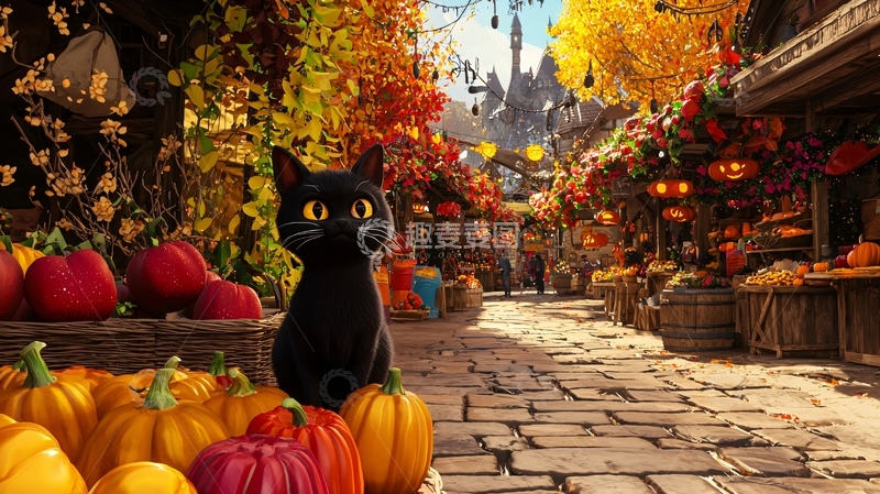 高清大图下载【趣麦麦图】秋日集市上的黑猫