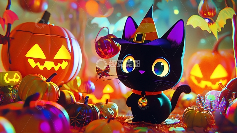 高清大图下载【趣麦麦图】万圣节黑猫南瓜灯装饰场景