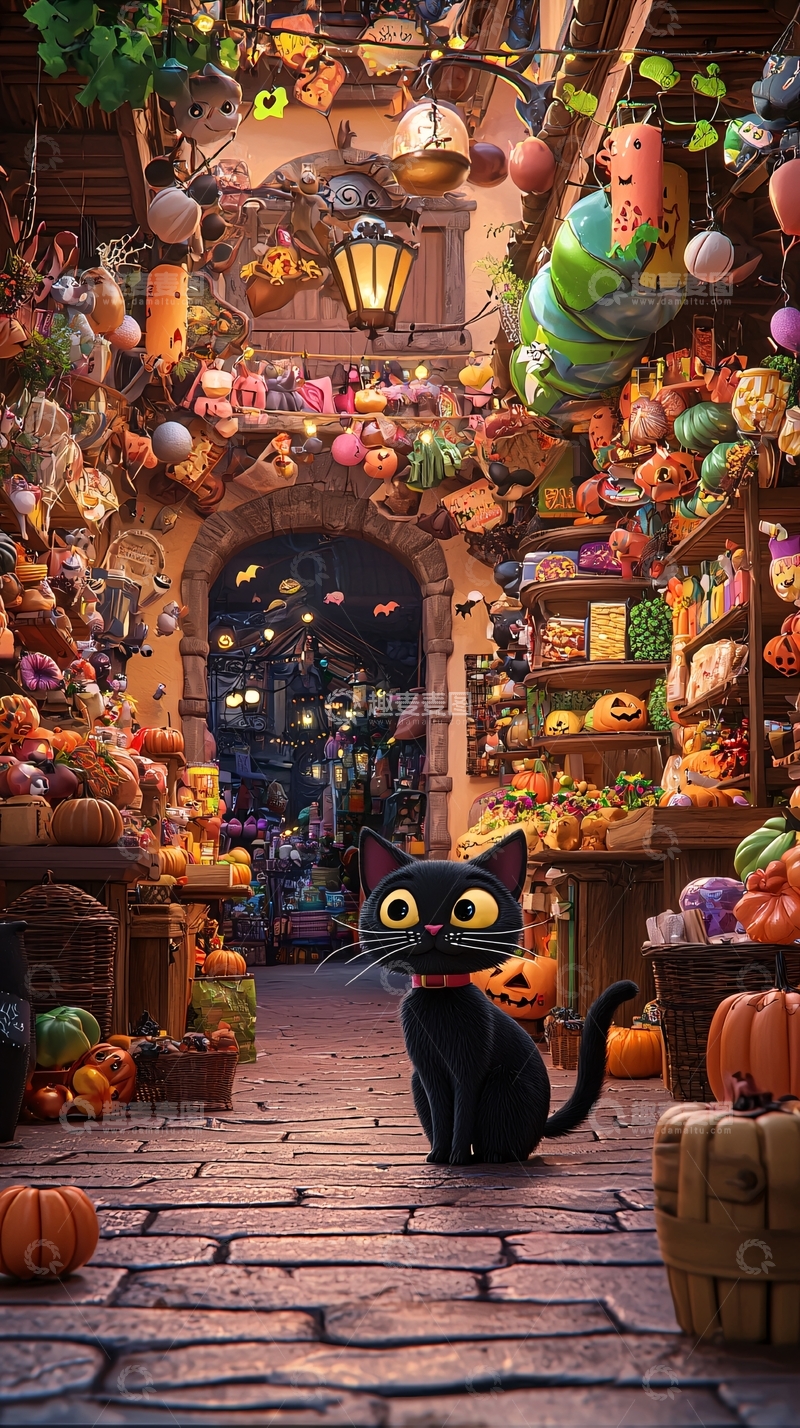 高清大图下载【趣麦麦图】万圣节市场里的黑猫