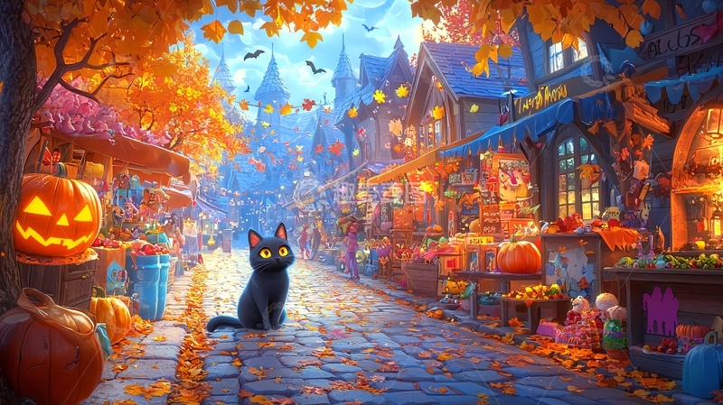 高清大图下载【趣麦麦图】秋日集市上的黑猫