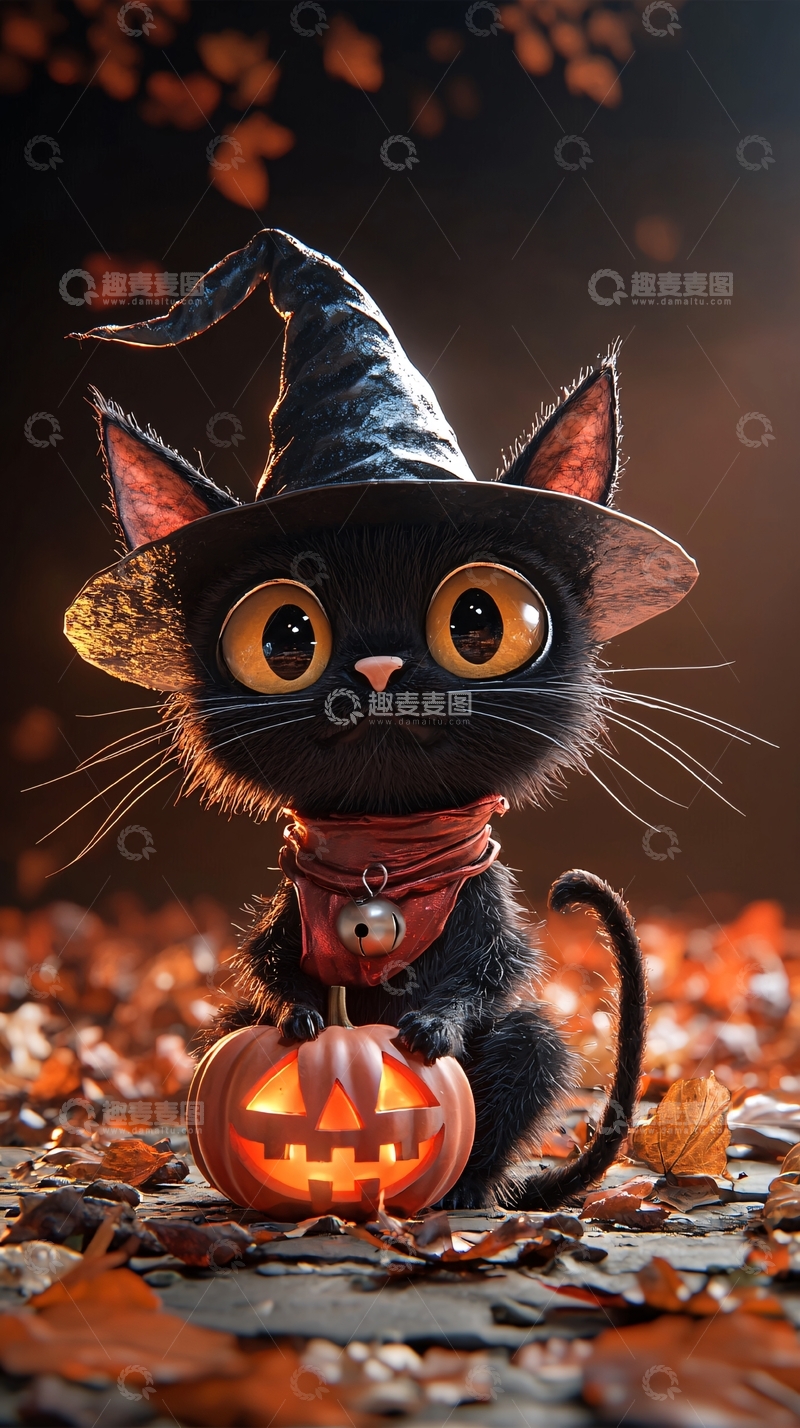 高清大图下载【趣麦麦图】万圣节黑猫与南瓜灯