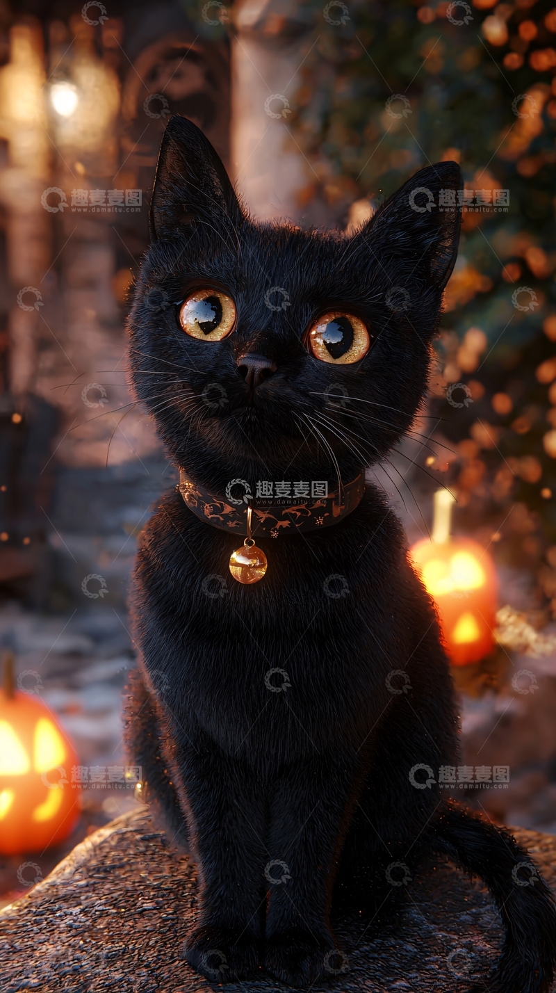 高清大图下载【趣麦麦图】万圣节黑猫夜景