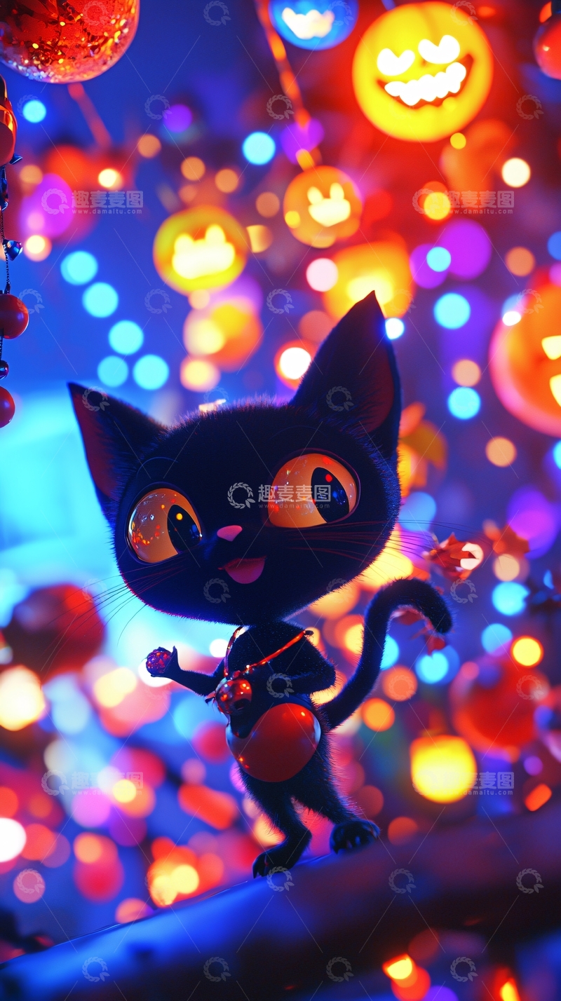 高清大图下载【趣麦麦图】万圣节黑猫灯饰背景