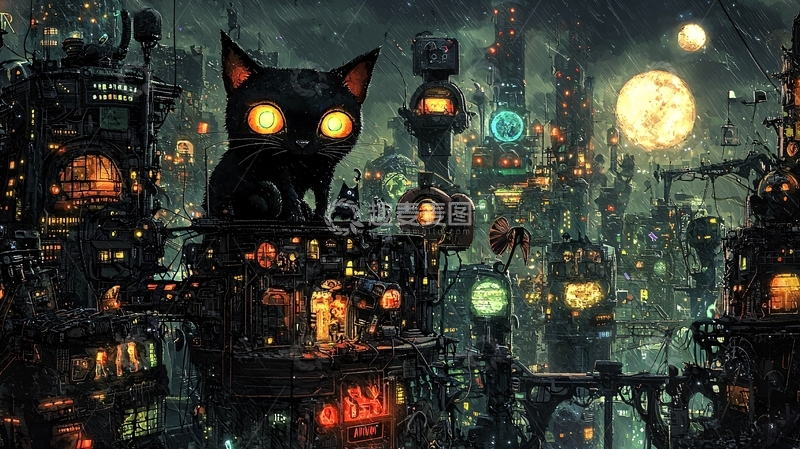 高清大图下载【趣麦麦图】未来城市中的黑猫