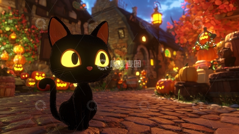 高清大图下载【趣麦麦图】万圣节夜景中的黑猫
