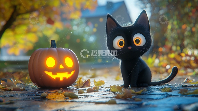 高清大图下载【趣麦麦图】万圣节黑猫与南瓜灯