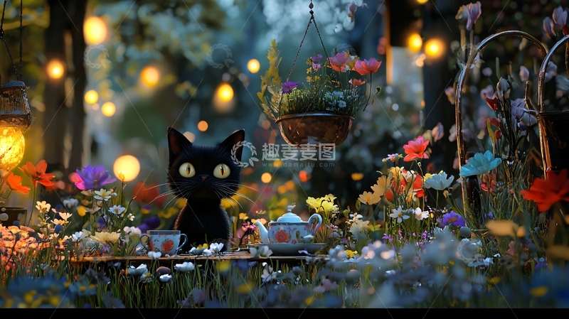 高清大图下载【趣麦麦图】黑猫与梦幻花园茶会