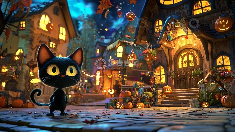 高清大图下载【趣麦麦图】万圣节小镇上的黑猫