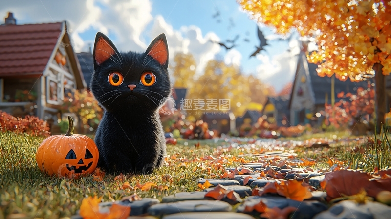 高清大图下载【趣麦麦图】秋日黑猫与南瓜灯