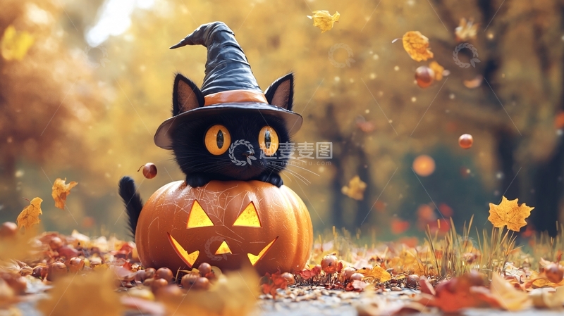 高清大图下载【趣麦麦图】万圣节黑猫南瓜灯