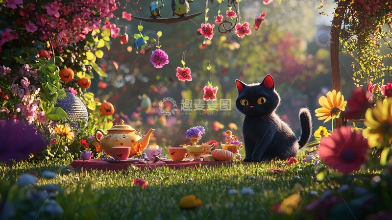 高清大图下载【趣麦麦图】黑猫与秋日花园茶会